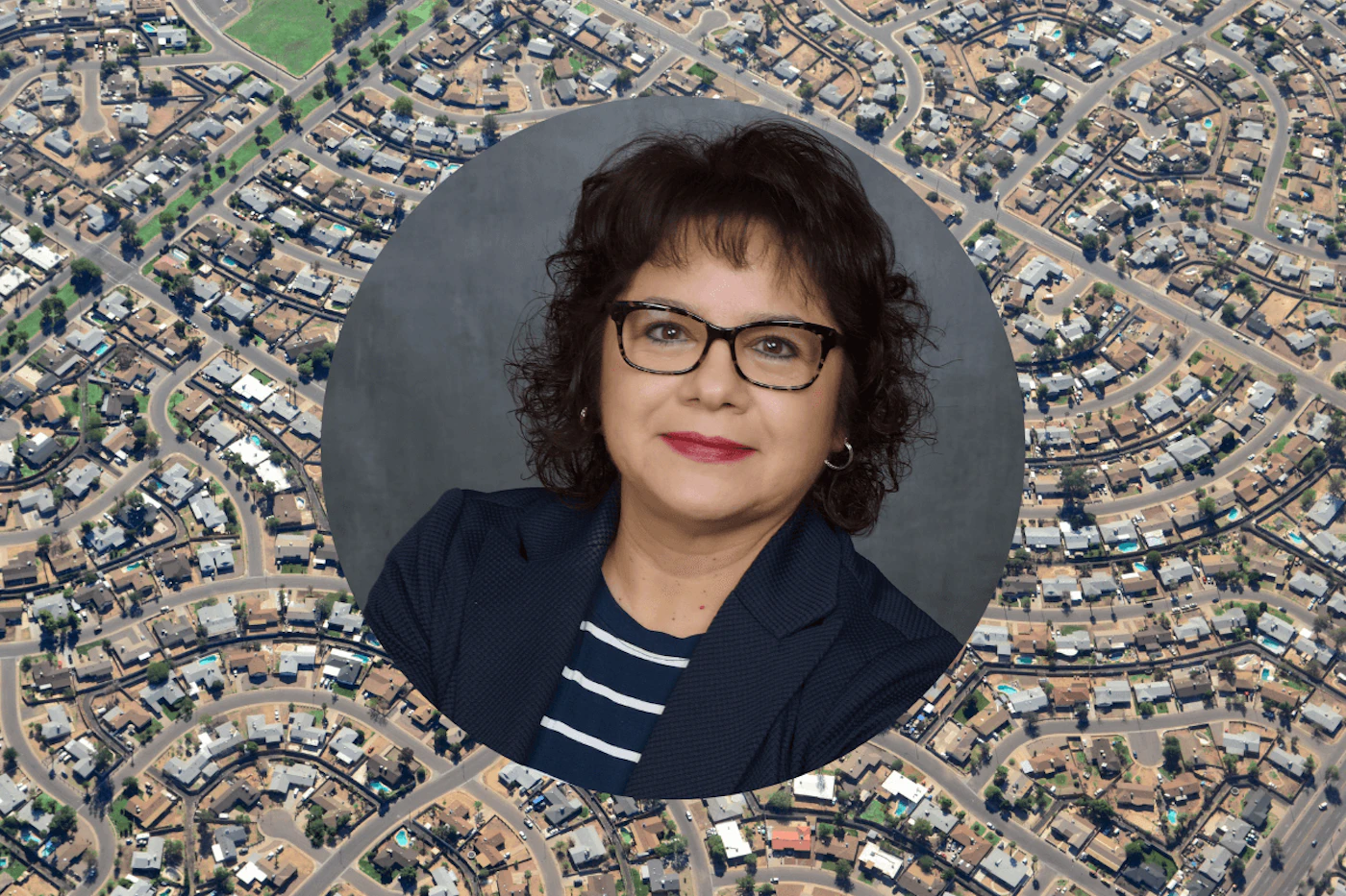 headshot of Patricia Garcia Duarte superimposed over an aerial view of a Phoenix neighborhood