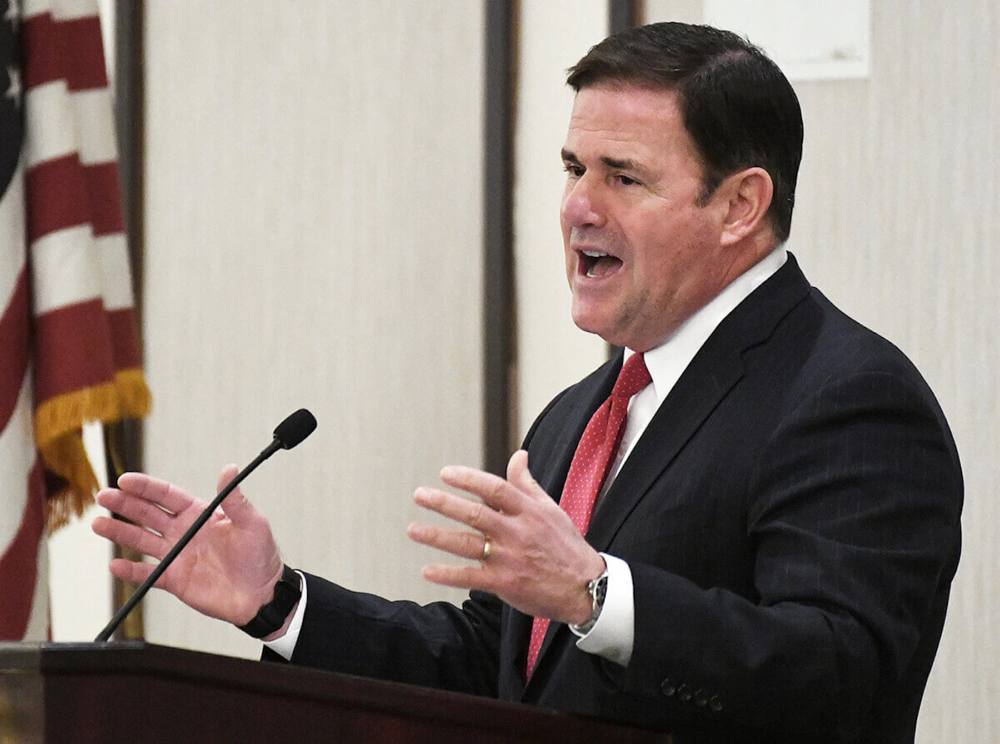 FILE - Arizona Gov. Doug Ducey re-delivers his State of the State address in front of a Yuma crowd Thursday, Feb. 17, 2022 inside Pivot Point Conference Center. The Arizona Supreme Court on Thursday, April 21, 2022, ruled that the state's voters do not have the right to reject a massive income tax cut approved by the Republican-controlled Legislature and Gov, Doug Ducey last year.(Randy Hoeft/The Yuma Sun via AP, File)