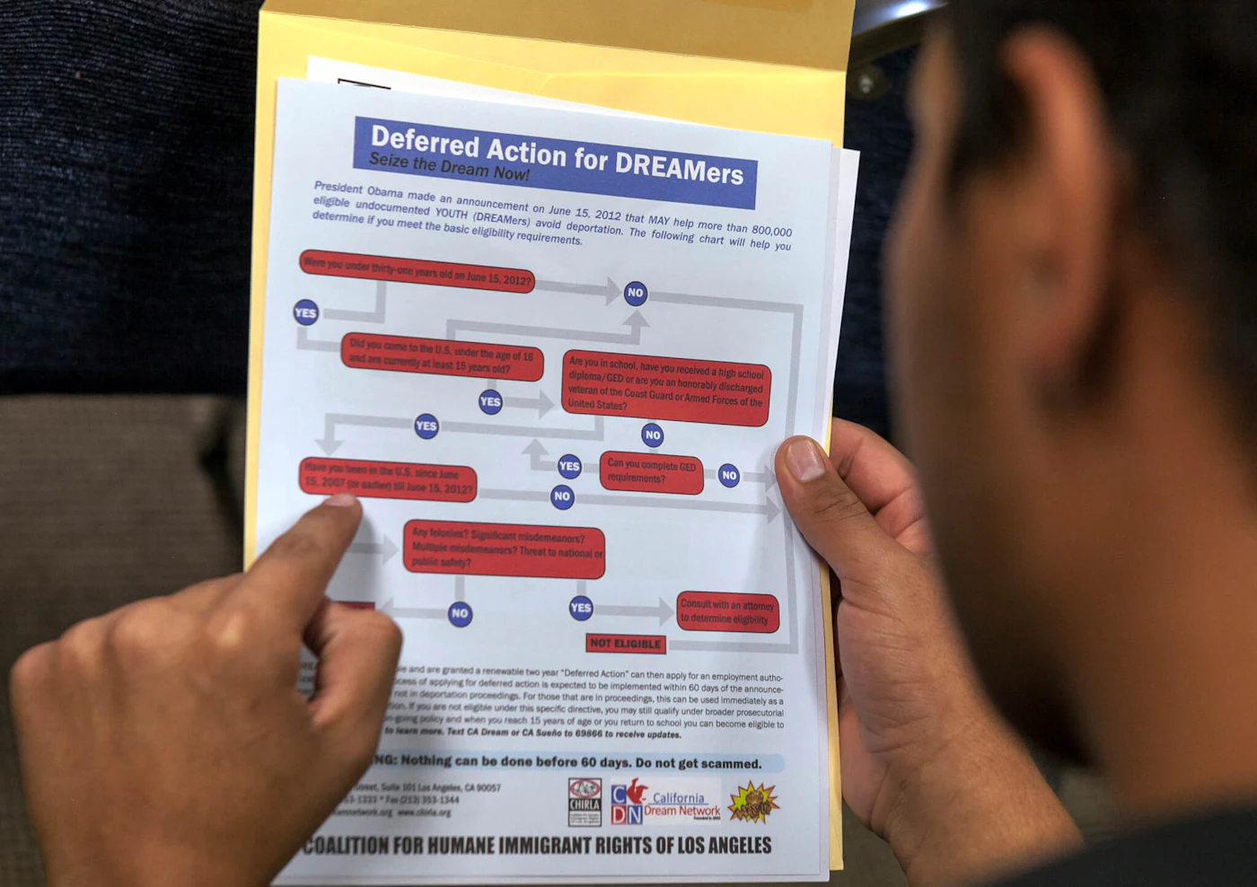 A legal immigrant reads a guide of the conditions needed to apply for the so-called 'DREAMers'  Obama program, formally known as Deferred Action for Childhood Arrivals (DACA) at the Coalition for Humane Immigrant Rights, CHIRLA offices in Los Angeles Wednesday, Aug. 15, 2012. Hundreds of thousands of young illegal immigrants scrambled to get papers in order, as the U.S. started accepting applications to allow them to avoid deportation and get a work permit, but not a path to citizenship. (AP Photo/Damian Dovarganes)