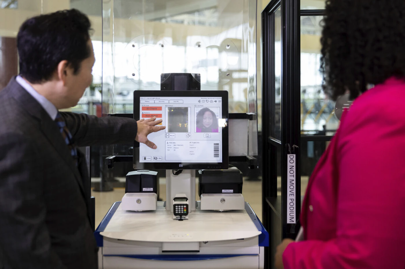 Transportation Security Administration's Identity Management Capabilities Manager Jason Lim demonstrates new facial recognition technology at a Baltimore-Washington International Thurgood Marshall Airport security checkpoint, Wednesday, April 26, 2023, in Glen Burnie, Md. (AP Photo/Julia Nikhinson)