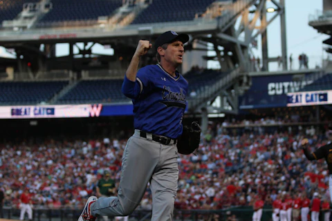 A pumped-up Rep. Greg Stanton, D-Phoenix, celebrates a play during the 2023 Congressional Baseball Game on Wednesday. (Photo by Lillie Boudreaux/Cronkite News)