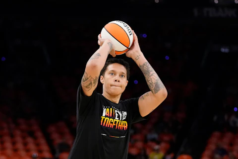Phoenix Mercury center Brittney Griner warms up prior to a WNBA basketball game against the Chicago Sky, Sunday, May 21, 2023, in Phoenix. (AP Photo/Ross D. Franklin)