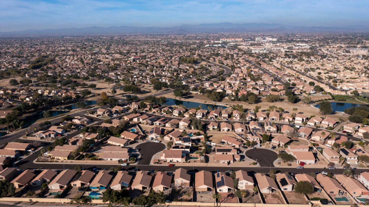 An afternoon aerial view of suburban homes in Surprise, Arizona. (Shutterstock Photo/Matt Gush)