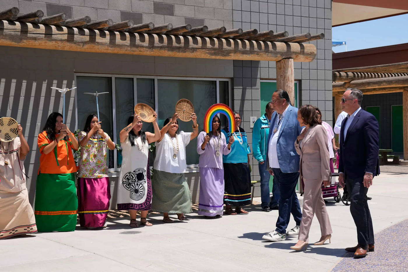 Gila River Indian Community Governor Stephen Roe Lewis greets Vice President Kamala Harris at the Gila River Indian Community, Thursday, July 6, 2023, in Phoenix. (AP Photo/Rick Scuteri)