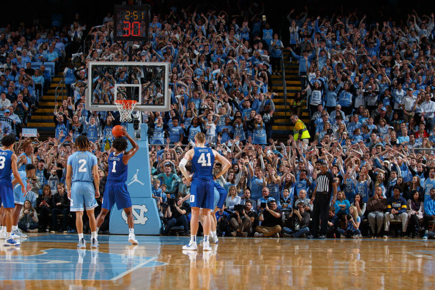 Duke and UNC-Chapel Hill square off in February in Chapel Hill. College basketball is expected to return in the coming days, although the pandemic will blunt the economic impact. (Photo by Peyton Williams/UNC/Getty Images)