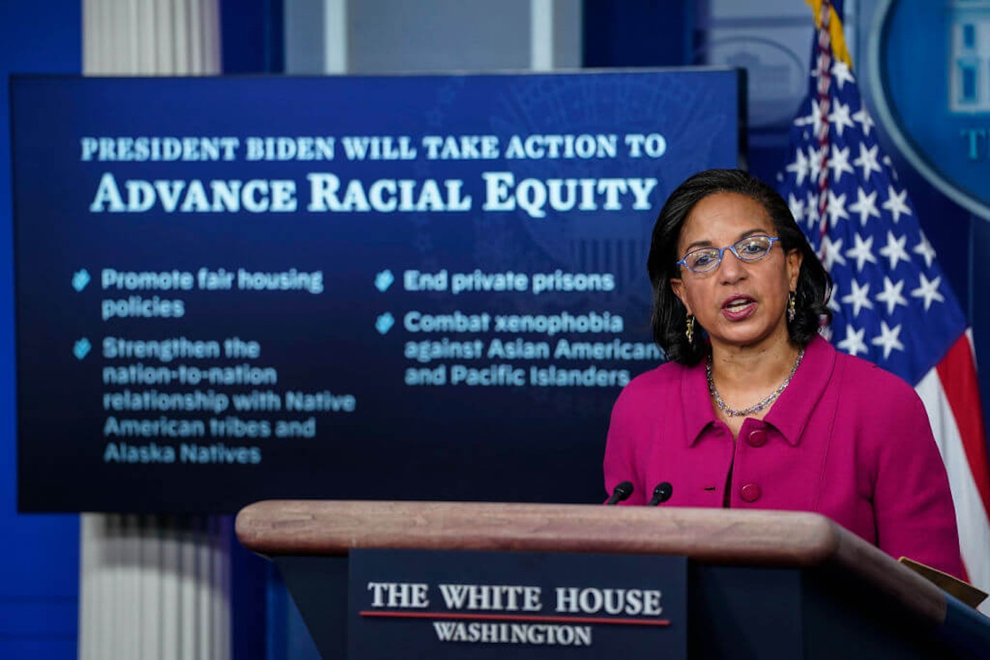 White House Press Secretary Jen Psaki And Domestic Policy Advisor Susan Rice Hold Briefing Domestic Policy Advisor Susan Rice speaks during the daily press briefing at the White House on January 26, 2021 in Washington, DC. Rice discussed plans for President Biden's racial equity agenda. (Photo by Drew Angerer/Getty Images)