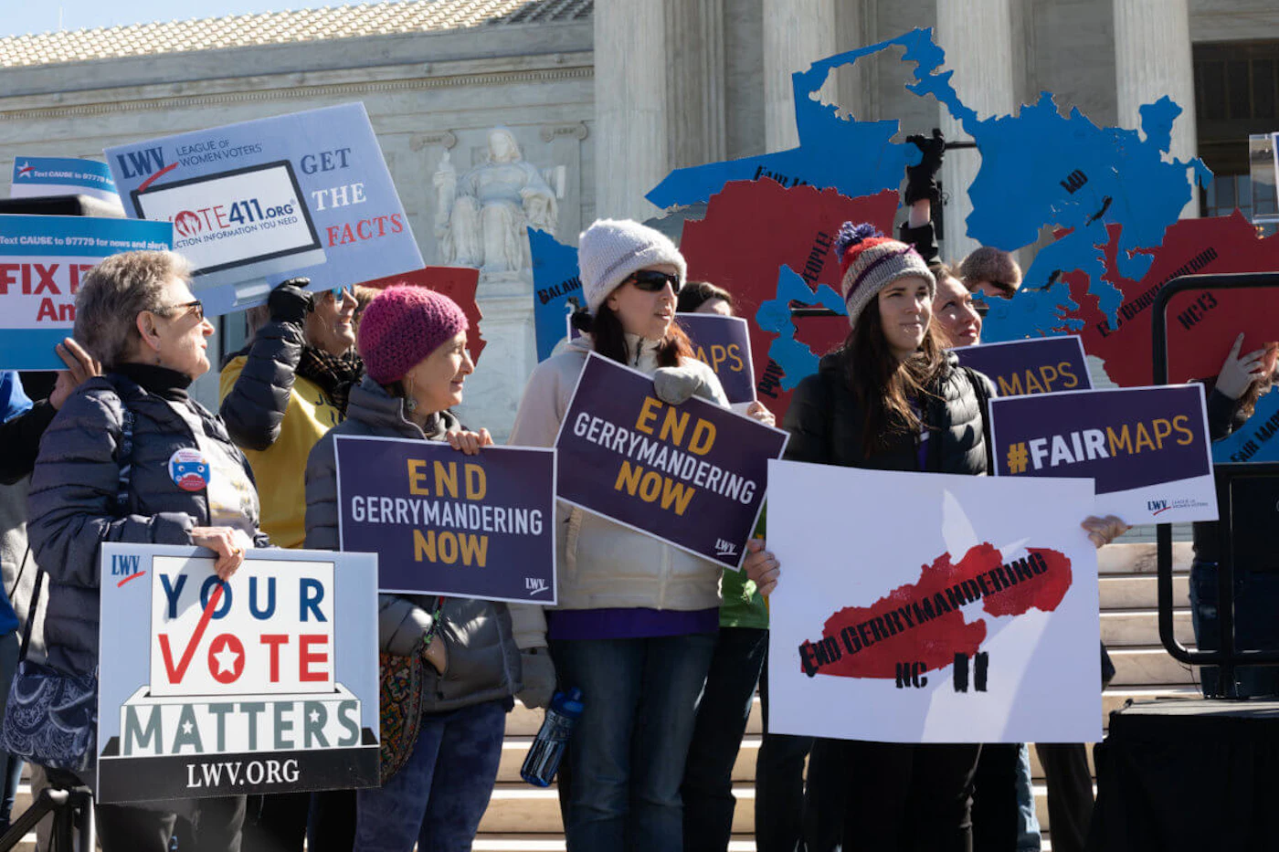 Organizations and individuals gathered outside the US Supreme Court in 2019 argue the manipulation of district lines is the manipulation of elections. Gerrymandering has been a major concern in North Carolina for decades running.
(Photo by Aurora Samperio/NurPhoto via Getty Images)