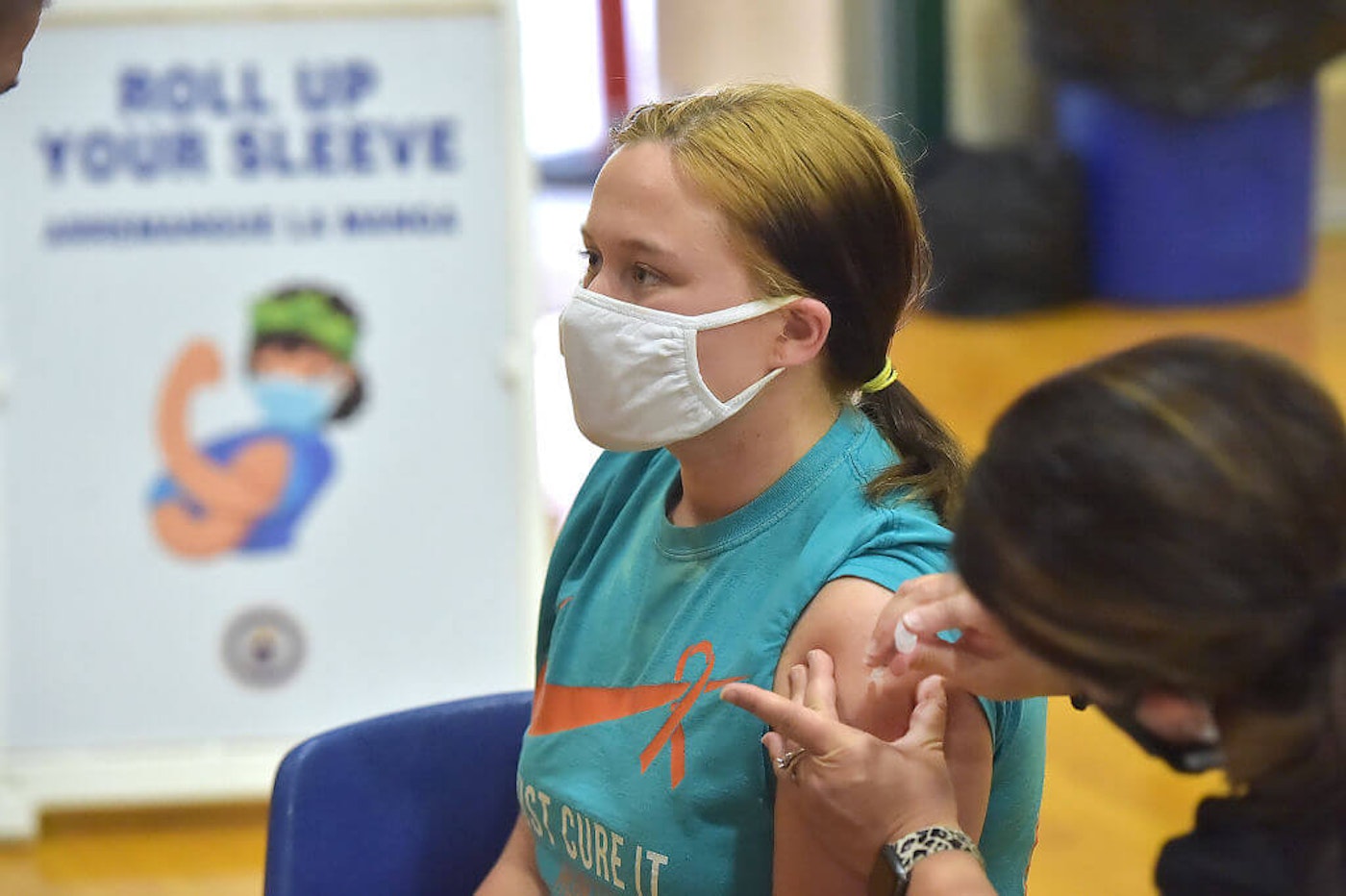 Youth COVID Vaccine Junior Molly Day gets her first Pfizer Biontech COVID vaccine at Ridley High School on May 3, 2021 in Ridley, Pa. "It feels good, I'm happy I can protect myself and other," Day said after getting the shot. (Photo by Pete Bannan/MediaNews Group/Daily Times via Getty Images)