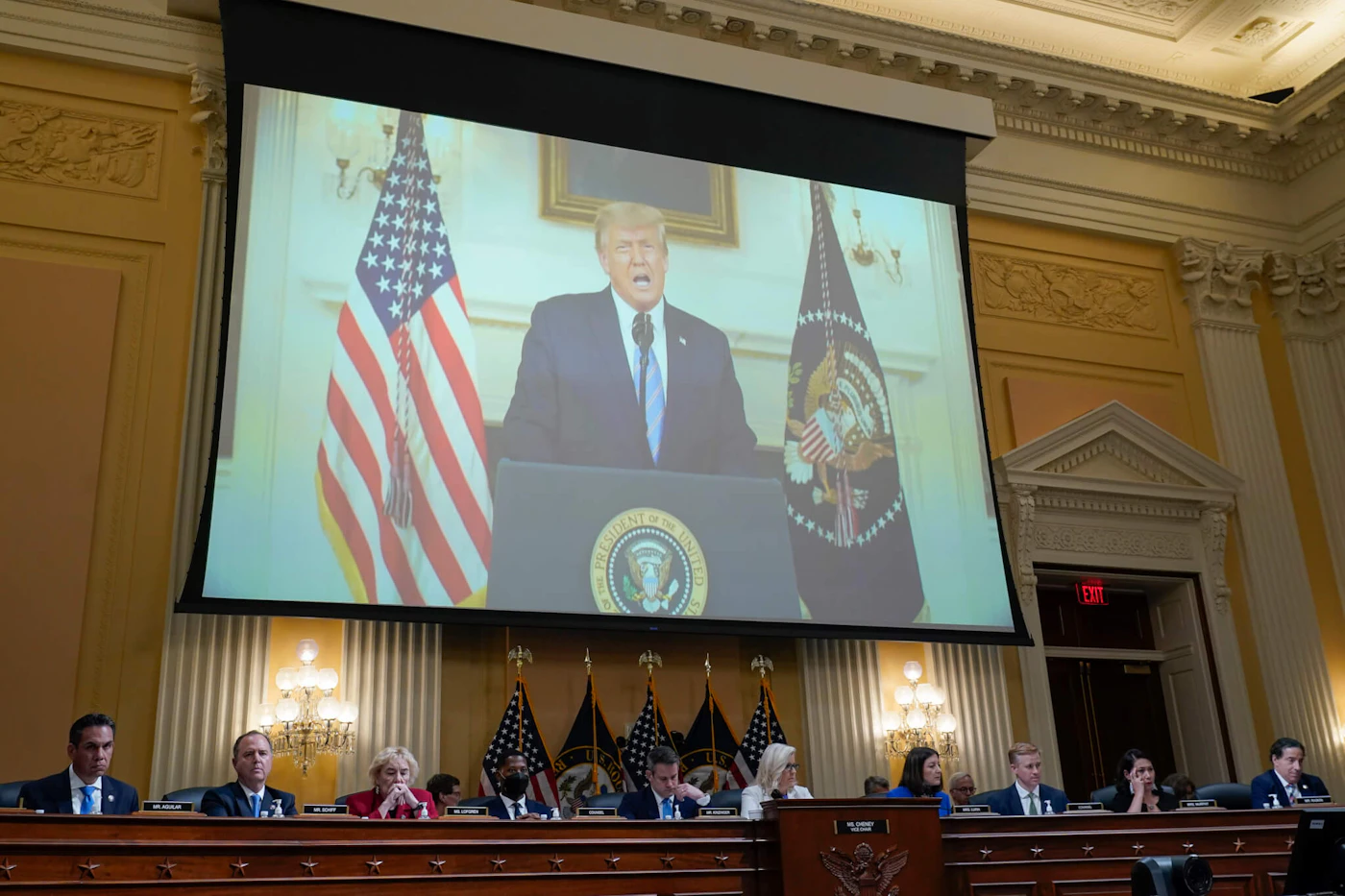 A video of President Donald Trump recording a statement on Jan. 7, 2021, is played, as the House select committee investigating the Jan. 6 attack on the U.S. Capitol holds a hearing at the Capitol in Washington, Thursday, July 21, 2022. (AP Photo/J. Scott Applewhite)