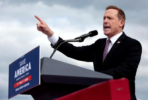 Republican candidate for U.S. Senate, Rep. Ted Budd, R-N.C., addresses the crowd before former President Donald Trump speaks at a rally, April 9, 2022, in Selma, N.C.  (AP Photo/Chris Seward, File)