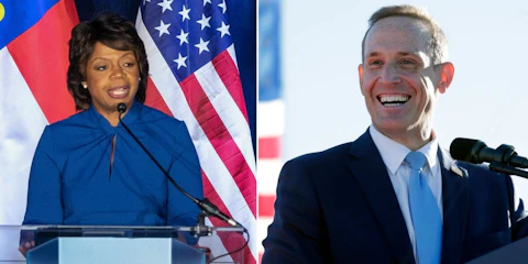 Cheri Beasley, a former NC Supreme Court chief justice, and US Rep. Ted Budd, will hold their first, and likely only, debate on Friday night. (Photos: left, AP Photo/Ben McKeown, File; right, (AP Photo/Chris Seward)
