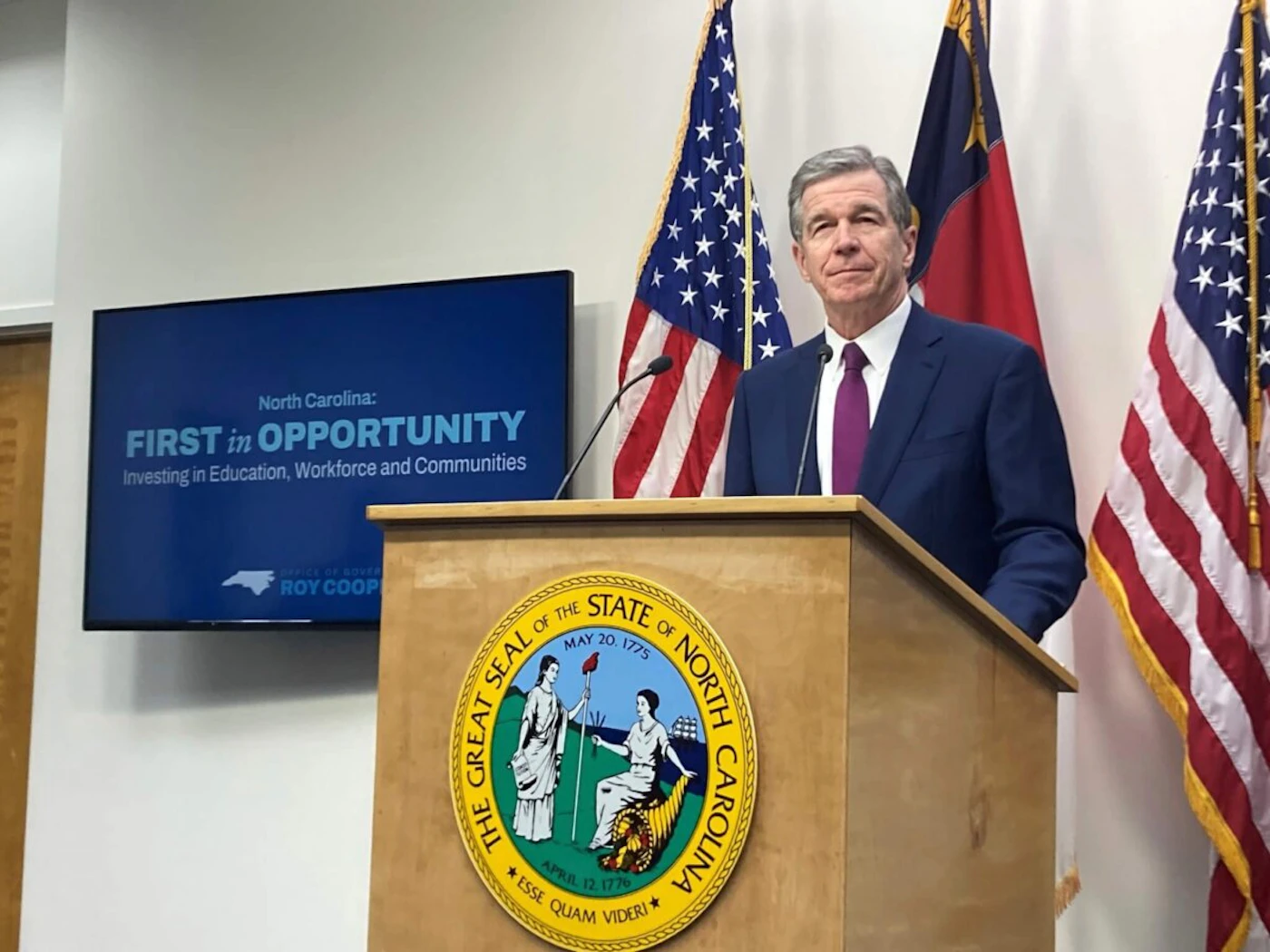 North Carolina Gov. Roy Cooper speaks at a news conference to unveil his two-year budget proposal at the Administration Building in Raleigh, N.C., on Wednesday, March 15, 2023. Cooper's spending plan would grow by well over 20% compared to this year's spending levels, including large raises for teachers and state employees and public education funding boosts to comply with the results of long-running litigation over education inequities. (AP Photo/Gary D. Robertson)