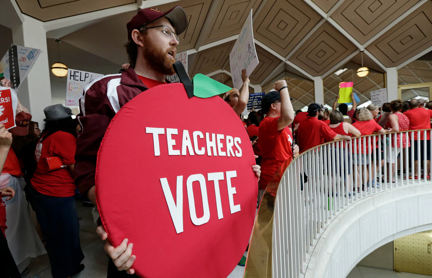 North Carolina public school teachers have been fighting for adequate raises and overall school funding for years. Here, a rally at the General Assembly in Raleigh, N.C., in May 2018. (AP Photo/Gerry Broome)