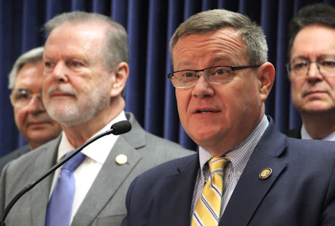 North Carolina House Speaker Tim Moore, center, speaks at a news conference about a Medicaid expansion agreement, Thursday, March 2, 2023, at the Legislative Building in Raleigh, N.C. (AP Photo/Hannah Schoenbaum)