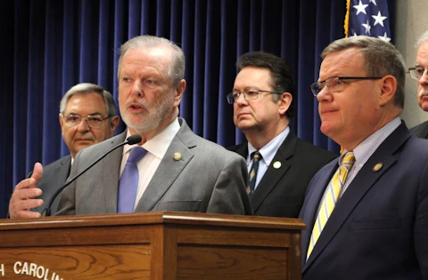 FILE - North Carolina Senate leader Phil Berger, left, speaks alongside House Speaker Tim Moore at a news conference about a Medicaid expansion agreement on March 2, 2023, at the Legislative Building in Raleigh, N.C. (AP Photo/Hannah Schoenbaum, File)