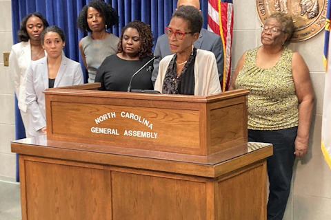 North Carolina Democrats have held several press conferences defending NC Supreme Court Justice Anita Earls, including this one with Rep. Renée Price and other officials on Aug. 30. (AP Photo/Gary D. Robertson)