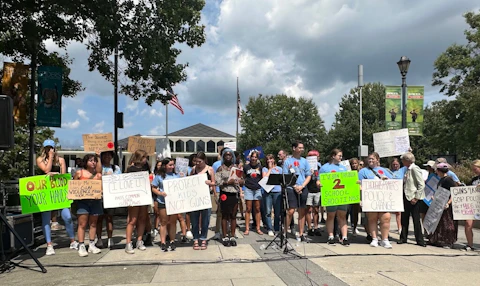 Students from UNC-Chapel Hill and NC A&T State, the sites of recent shootings, held a rally outside the General Assembly on Tuesday demanding that lawmakers pass tougher gun laws. (Photo by Michael McElroy/Cardinal & Pine)