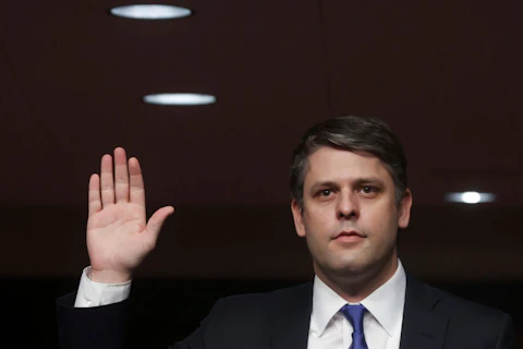 Judge Justin Walker is sworn in prior to testifying before a Senate Judiciary Committee hearing on Walker's nomination to be a U.S. circuit judge for the District of Columbia Circuit on Capitol Hill in Washington, Wednesday, May 6, 2020. (Jonathan Ernst/Pool Photo via AP)