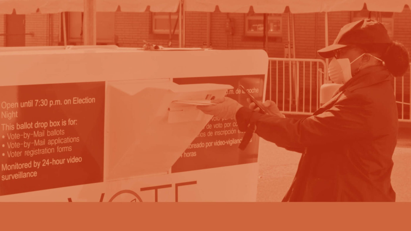 Marcia McCoy drops her ballot into a box outside the Cuyahoga County Board of Elections, Tuesday, April 28, 2020, in Cleveland, Ohio. (Graphic via Denzel Boyd/Tony Dejak of AP)