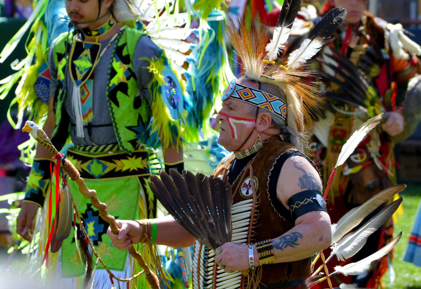 Members of the Mocanan tribe are pictured here at the 2018 Blacksburg Native Spring Pow Wow, taking part in a traditional dance.