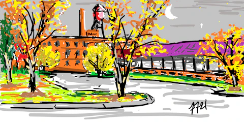Illustrated landscape image with yellow tree and red water tower