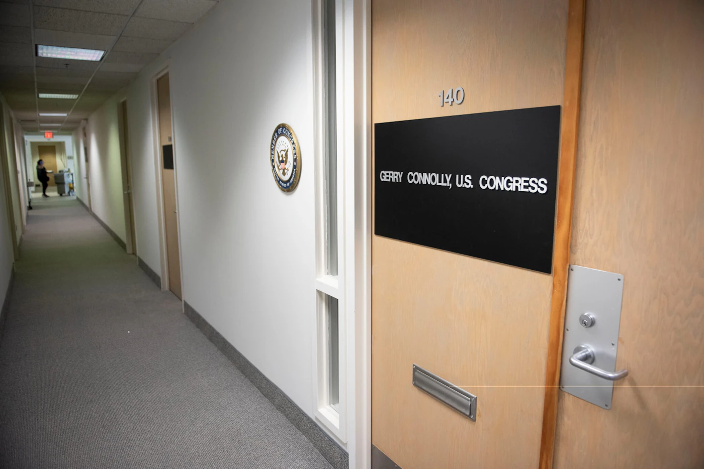 The Fairfax, Va., office of Rep. Gerry Connelly, D-Va., is shown on Monday, May 15, 2023, after police said a man with a metal baseball bat walked into the office, asked for Connelly, and then struck two members of his staff with the bat. Fairfax City Police in northern Virginia said in a tweet that a suspect is in custody and the victims are being treated for injuries that are not life-threatening. (AP Photo/Cliff Owen)