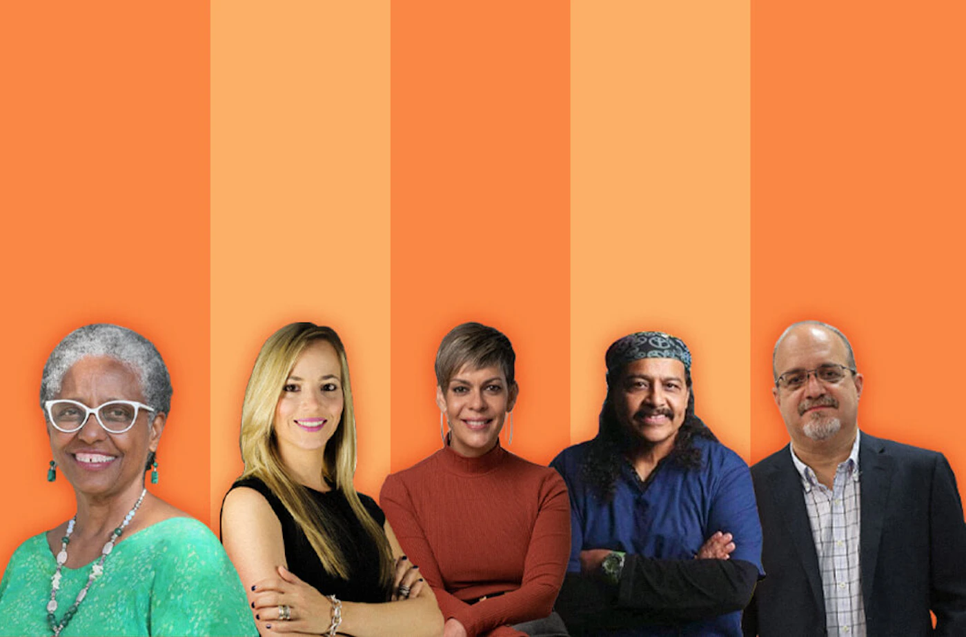 These are the senators-at-large. From left: Ana Irma Rivera Lassén (MVC), Joanne Rodríguez Veve (PD), María de Lourdes Santiago (PIP), Dr. José Vargas Vidot (ind.), and Rafael Bernabe (MVC). Senadores-Senators-PR