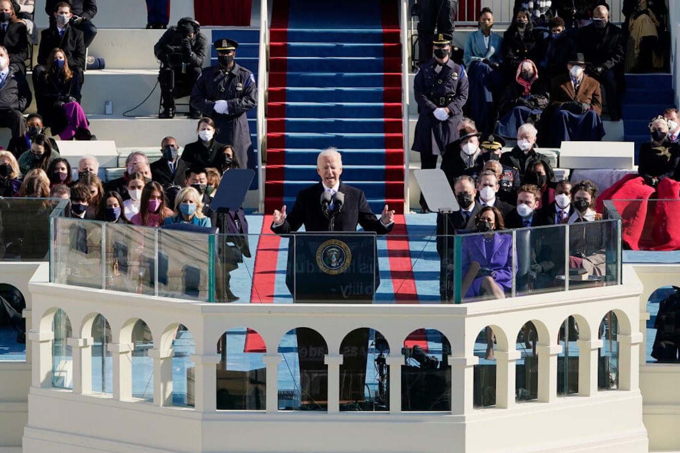 President Joe Biden speaks during the the 59th inaugural ceremony on the West Front of the U.S. Capitol on January 20, 2021 in Washington, DC. During today's inauguration ceremony Joe Biden becomes the 46th president of the United States. (Photo by Patrick Semansky-Pool/Getty Images)