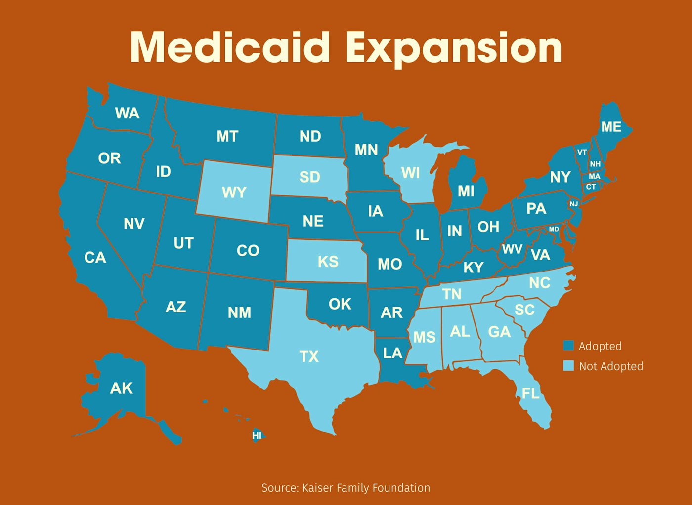 States where Medicaid is expanding and where it is not. medicaid expansion