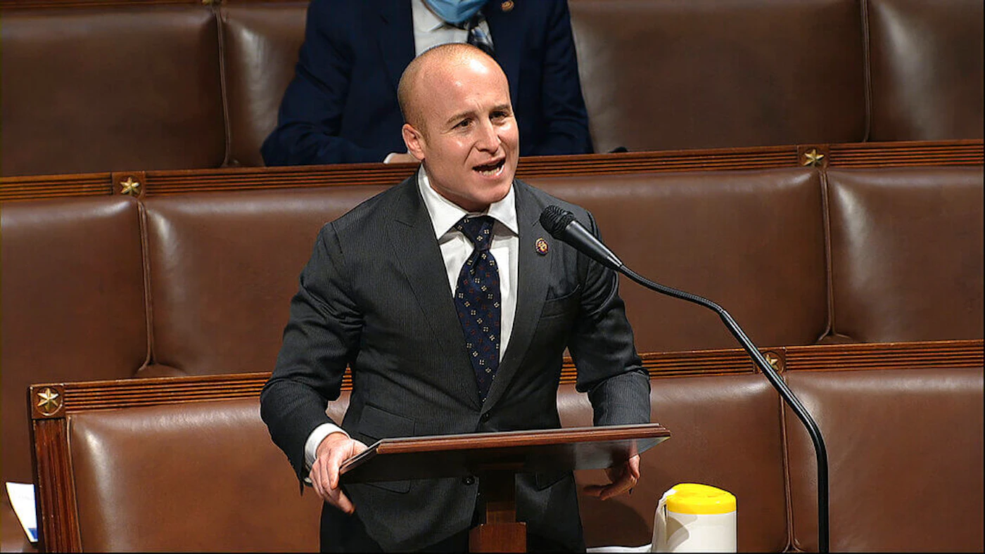 Rep. Max Rose, D-N.Y., speaks on the floor of the House of Representatives at the U.S. Capitol in Washington, Thursday, April 23, 2020. (House Television via AP)