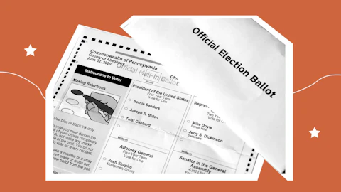 This May 26, 2020 file photo shows an Official Democratic General Primary mail-in ballot and secrecy envelope, for the Pennsylvania primary in Pittsburgh. (AP Photo/Gene J. Puskar/File; Graphic by Denzel Boyd/COURIER)
