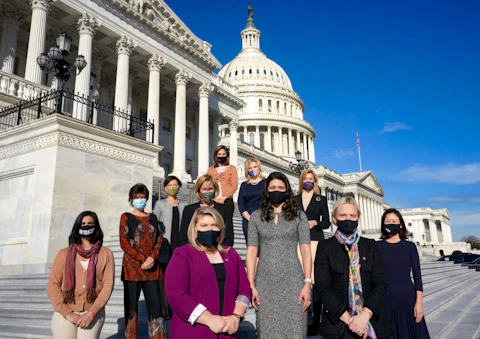Incoming GOP congresswomen pose for a portrait outside the U.S. Capitol in Washington, District of Columbia, on December 3, 2020. From left, front line (six women):  Nicole Malliotakis, Yvette Herrell,  Kat Cammack, Stephanie Bice, Victoria Spartz and Michelle Park Steel. Rear row: Young Kim, Claudia Tenny, Maria Elvira Salazar, Ashley Hinson and Beth Van Duyne. (Photo by Bonnie Jo Mount/The Washington Post via Getty Images)