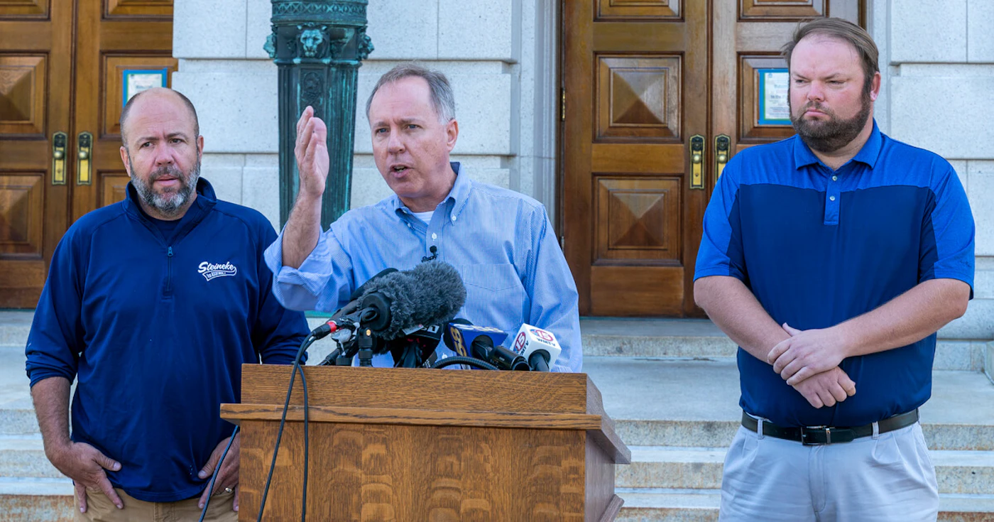 Wisconsin Assembly Speaker Robin Vos, center (R-Rochester) addresses the media along with Majority Leader Jim Steinke (R-Kaukauna) and Speaker Pro Tempore Tyler August (R-Lake Geneva) after protesters took down two statues June 23 on the grounds of the Capitol Square. (Photo © Andy Manis)