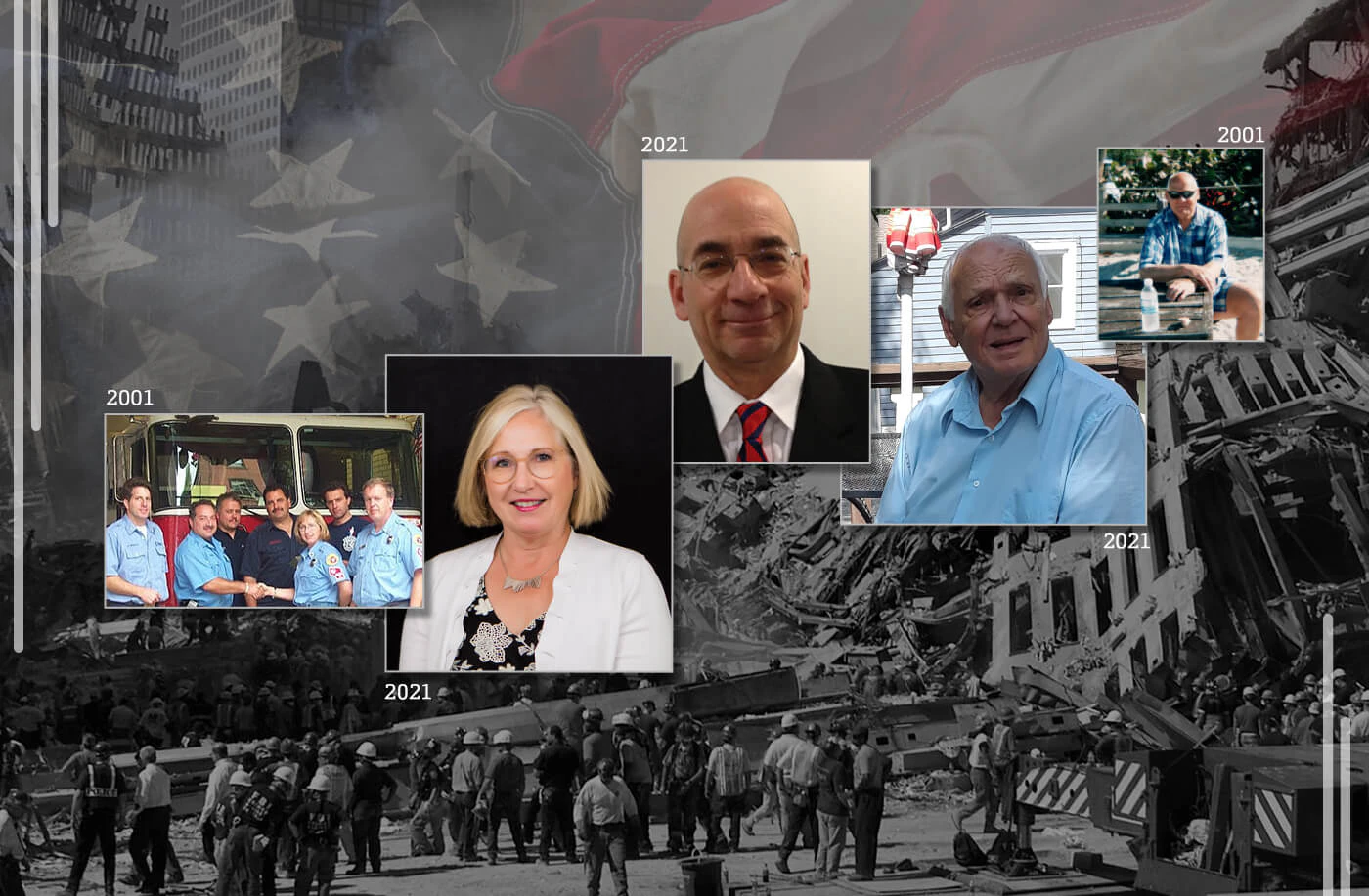 From left: Sue Hoefs, Elie Gendloff, and Tom Mall were among more than a dozen UpNorthNews readers who reflected on 9/11 ahead of the 20th anniversary. (Graphic by Morgaine Ford-Workman)