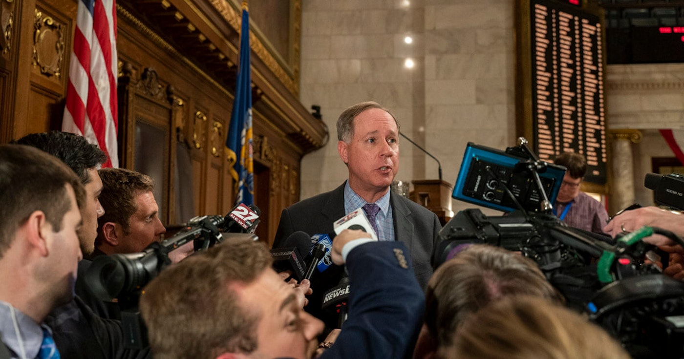 In this file photo, Assembly Speaker Robin Vos (R-Rochester) talks to media after Governor Evers delivered his 2020 State of the State address.