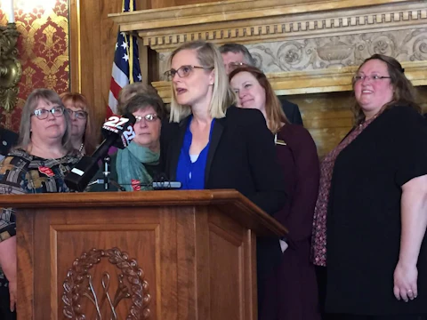 State Treasurer Sarah Godlewski is seen speaking at the state Capitol in this file photo from March, 2020. (Photo by Julian Emerson)
