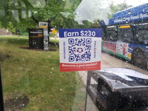 Stickers like this are a recruitment tool being used by the nonpartisan Poll Hero Project, which works to turn politically active teens and young adults into election day poll workers. (Photo by Ethan Duran)