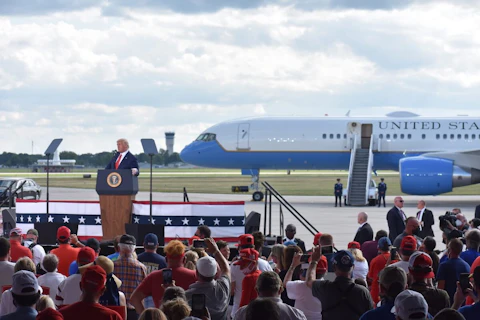 President Donald Trump delivers remarks during a campaign rally at Wittman Regional Airport's Basler Flight Service Hangar in Oshkosh on August 17, 2020. (Photo by Kyle Mazza/Anadolu Agency via Getty Images)