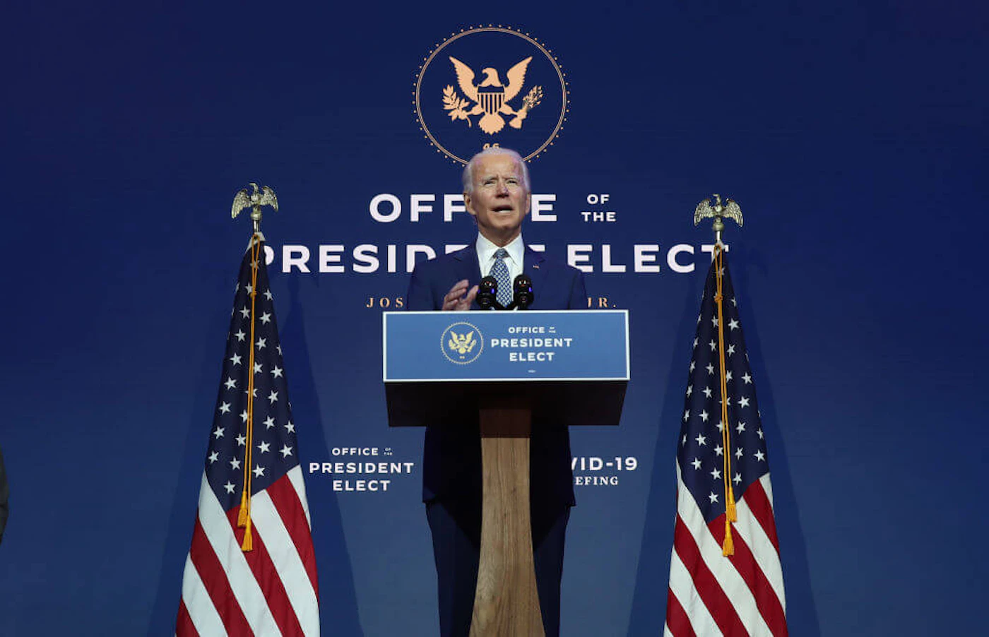 President Joe Biden speaks to the media after receiving a briefing from the transition COVID-19 advisory board on Nov. 9 at the Queen Theater in Wilmington, Delaware. Biden spoke about how his administration would respond to the coronavirus pandemic. (Photo by Joe Raedle/Getty Images)