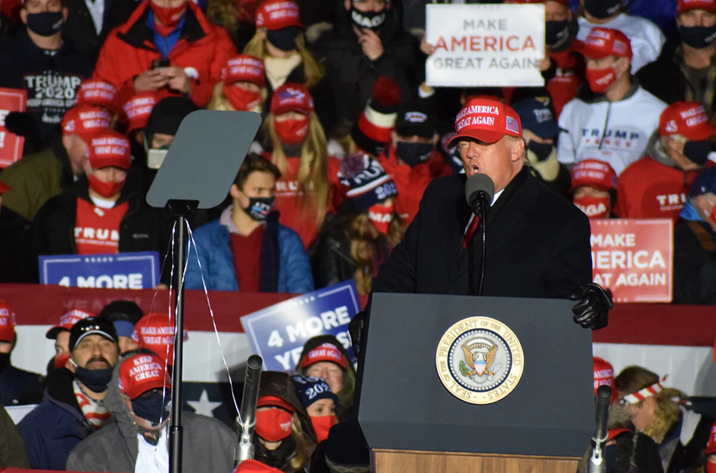 President Donald Trump speaks in Kenosha Nov. 2, less than 12 hours before polls were set to open in Wisconsin for the presidential election. He lost his bid for re-election, yet two lawsuits have been filed, challenging Wisconsin's election results. (Photo by Jonathon Sadowski)