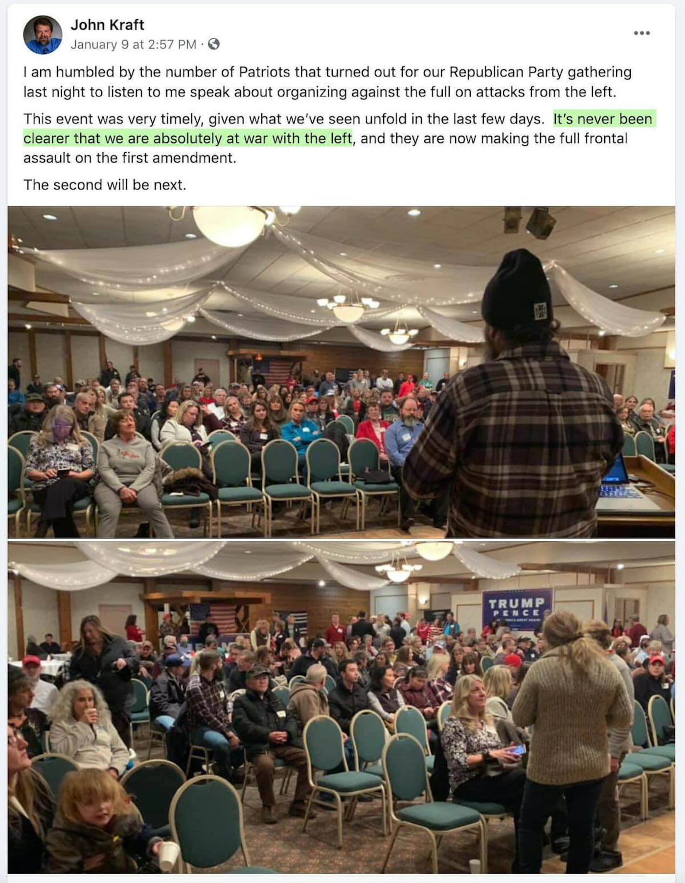 John Kraft, chairman of the St.Croix County Republican Party, made this post on his Facebook page following a party gathering on Jan. 8 designed to discuss what he termed “full-on attacks” from Democrats.