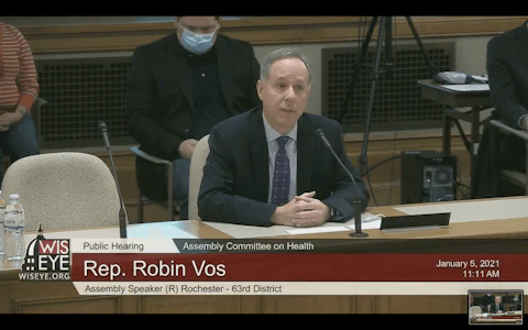 Assembly Speaker Robin Vos (R-Rochester) testifies Tuesday before the Assembly Health Committee on a COVID bill he and other Republican leaders introduced Monday. (Screenshot)