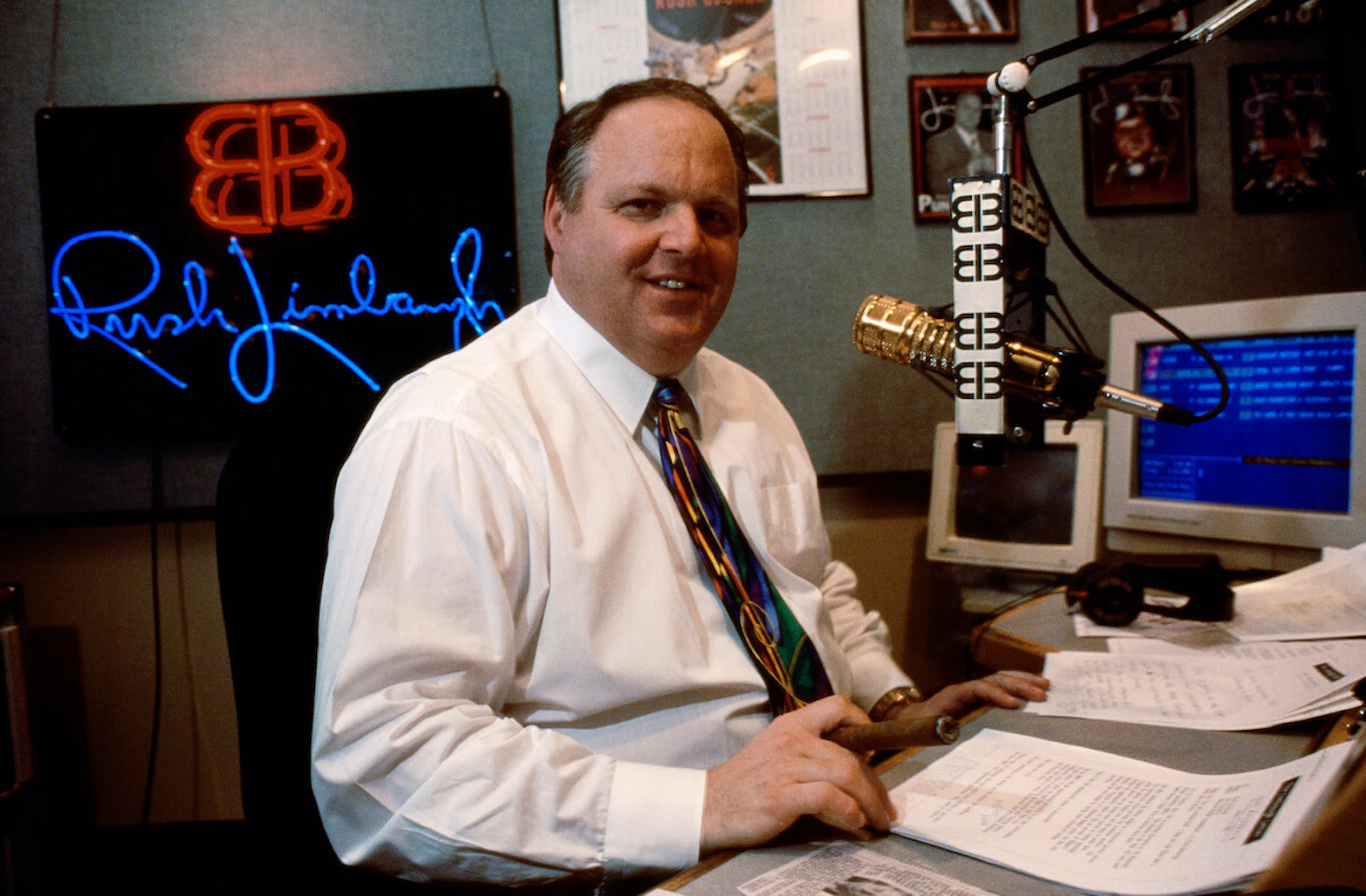 Rush Limbaugh in his studio during his radio show (Photo by mark peterson/Corbis via Getty Images)