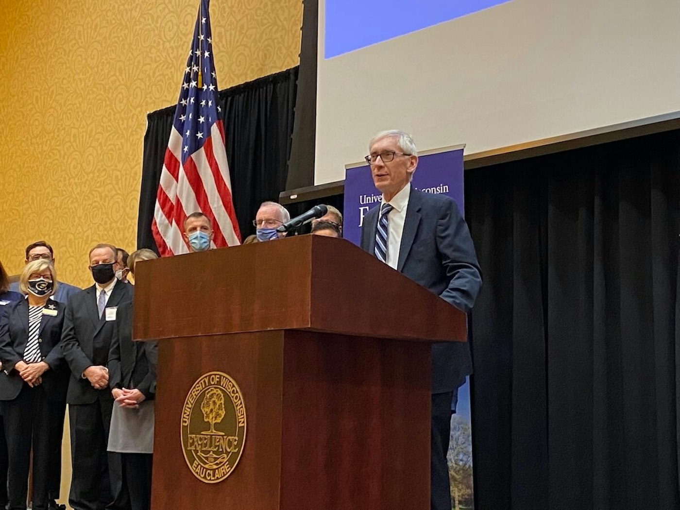 Gov. Tony Evers announces $59.5 million in grant funds for 12 projects in Wisconsin to address the state's workforce challenges. The announcement occurred at UW-Eau Claire, which will receive $9.4 million to address worker shortages in health care, education, and social services. (Photo by Julian Emerson)