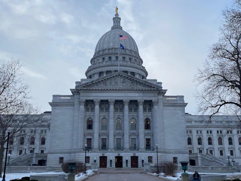The east entrance to the Wisconsin state Capitol on February 8, 2022. (Photo by Pat Kreitlow)