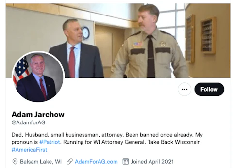 Former Rep. Adam Jarchow (R-Balsam Lake), now a candidate for Attorney General, has reportedly deleted tweets critical of former President Donald Trump and is also deleting all of his tweets older than a month. (Screenshot via Twitter)