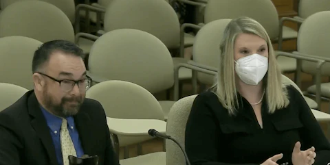 Wisconsin Elections Commission Technology Director Robert Kehoe, left, and administrator Megan Wolfe debunked 2020 election conspiracy theories at a Assembly Committee on Campaigns and Elections hearing. (Screenshot via WisconsinEye)