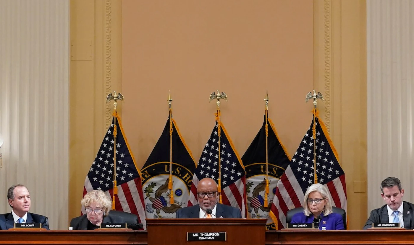 Bennie Thompson, Liz Cheney, Stephanie Murphy, Pete Aguilar, Adam Schiff, Zoe Lofgren, Adam Kinzinger, Jamie Raskin, Elaine Luria FILE - The House select committee tasked with investigating the January 6th attack on the Capitol meets to hold one of former President Donald Trump's allies in contempt, former strategist Steve Bannon, on Capitol Hill in Washington, Oct. 19, 2021. From left to right, Rep. Stephanie Murphy, D-Fla., Rep. Pete Aguilar, D-Calif., Rep. Adam Schiff, D-Calif., Rep. Zoe Lofgren, D-Calif., Chairman Bennie Thompson, D-Miss., Vice Chair Liz Cheney, R-Wyo., Rep. Adam Kinzinger, R-Ill., Rep. Jamie Raskin, D-Md., and Rep. Elaine Luria, D-Va. (AP Photo/J. Scott Applewhite, File)