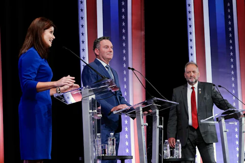 FILE - From left, Rebecca Kleefisch, Tim Michels and Timothy Ramthun (AP Photo/Morry Gash, File)