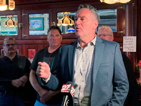 Republican candidate for Wisconsin governor Tim Michels speaks during a campaign stop at a bar on Tuesday, Oct. 4, 2022, in Baraboo, Wisc. (AP Photo/Scott Bauer)